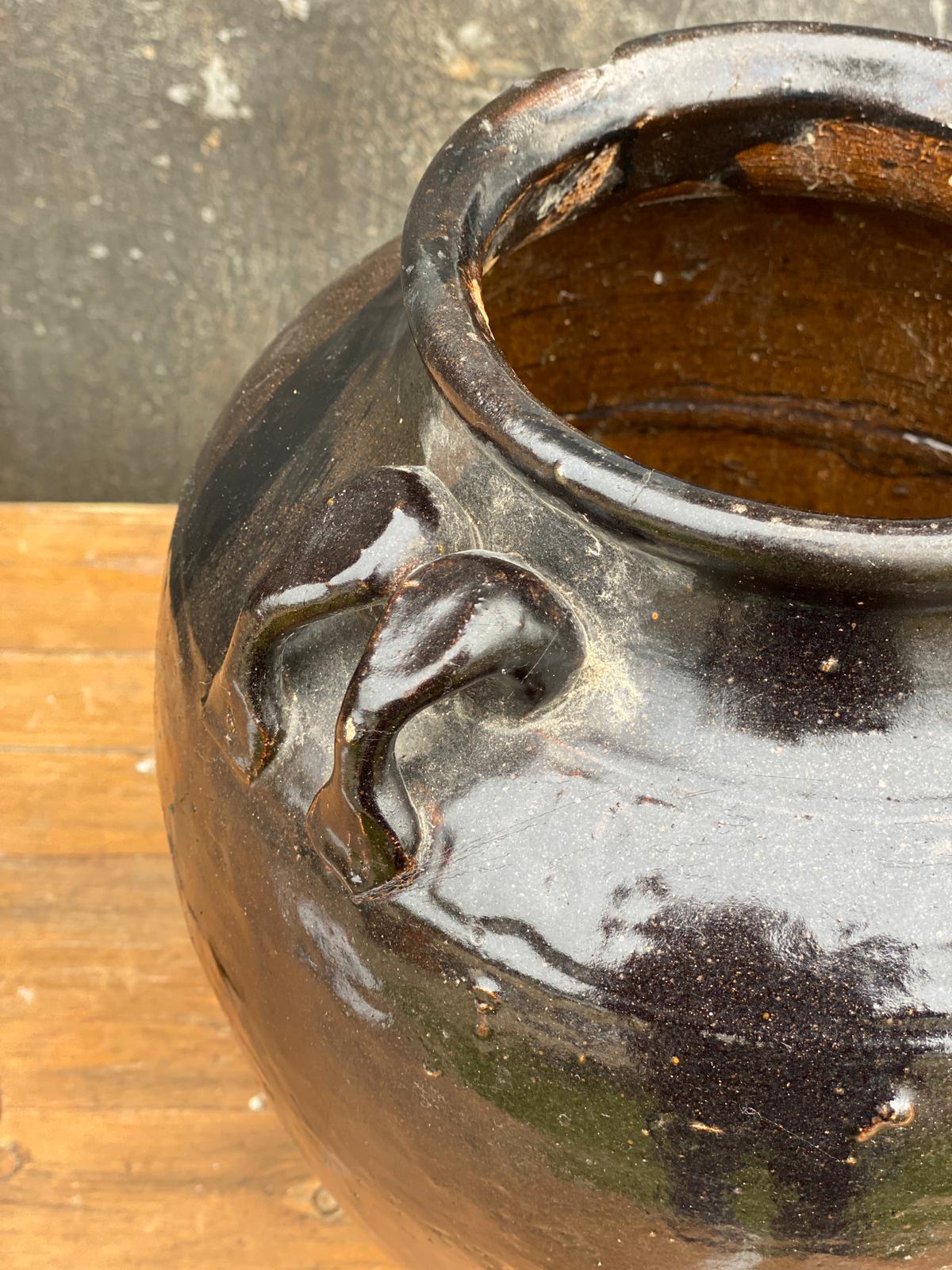 19th Century Brown Glaze Decorative Handled Storage Pot
