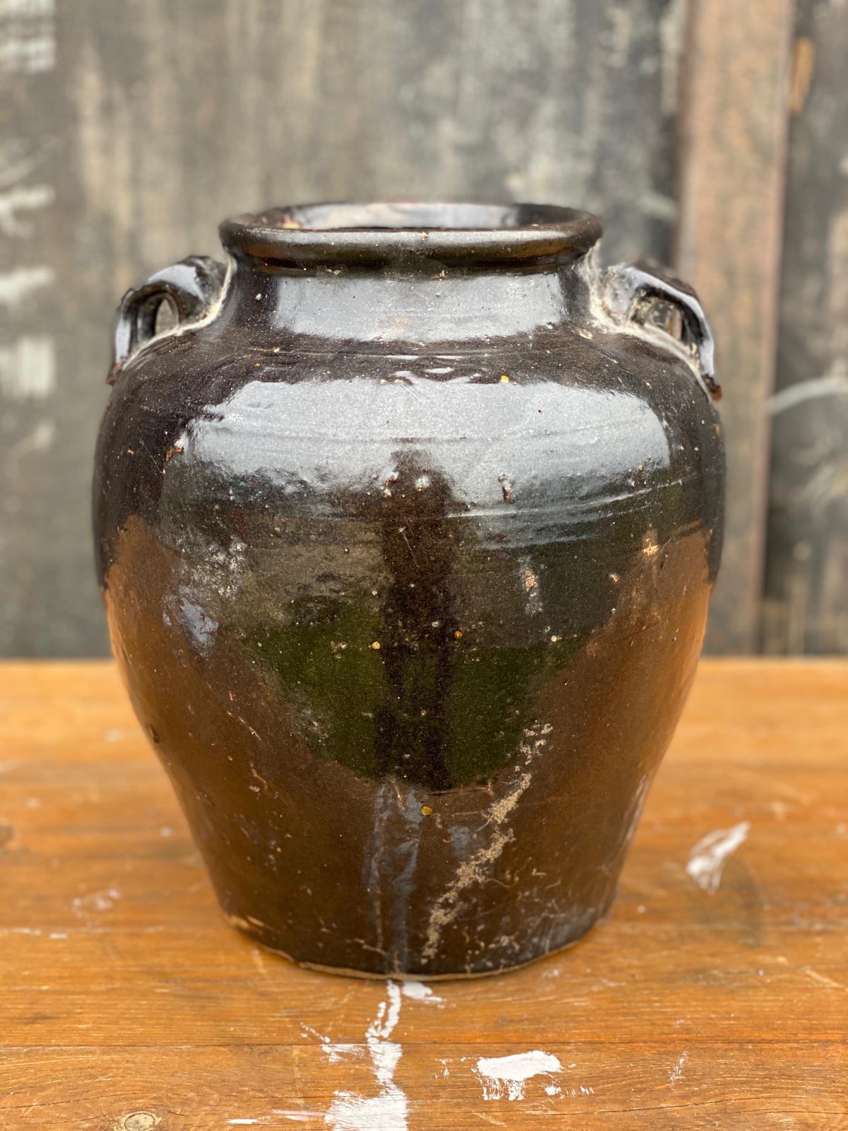 19th Century Brown Glaze Decorative Handled Storage Pot