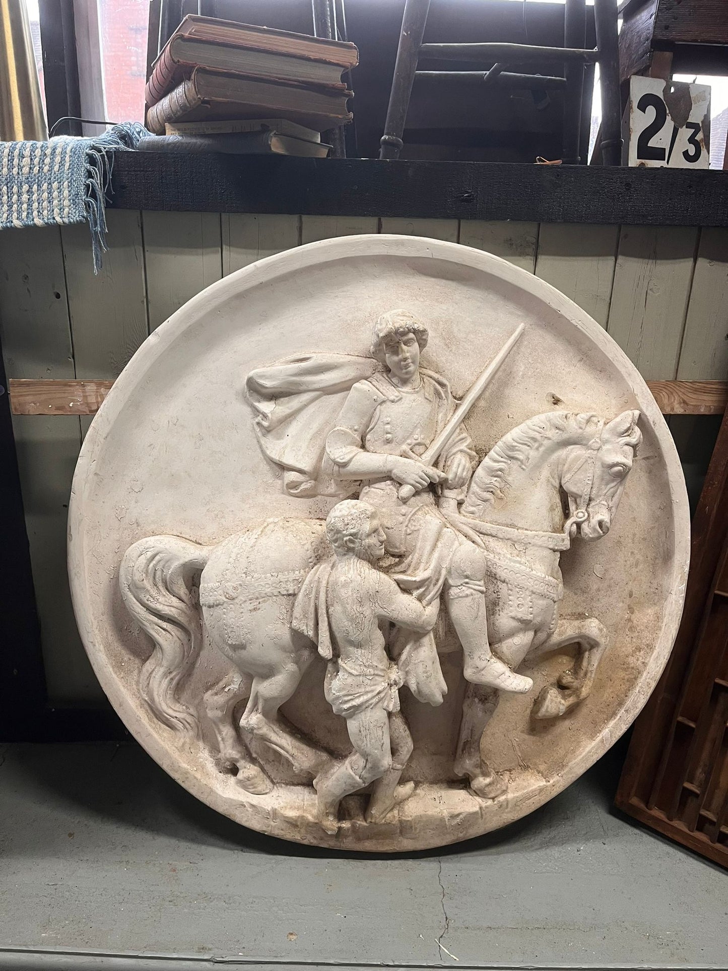 Large Plaster Circular Relief of rider on Horseback